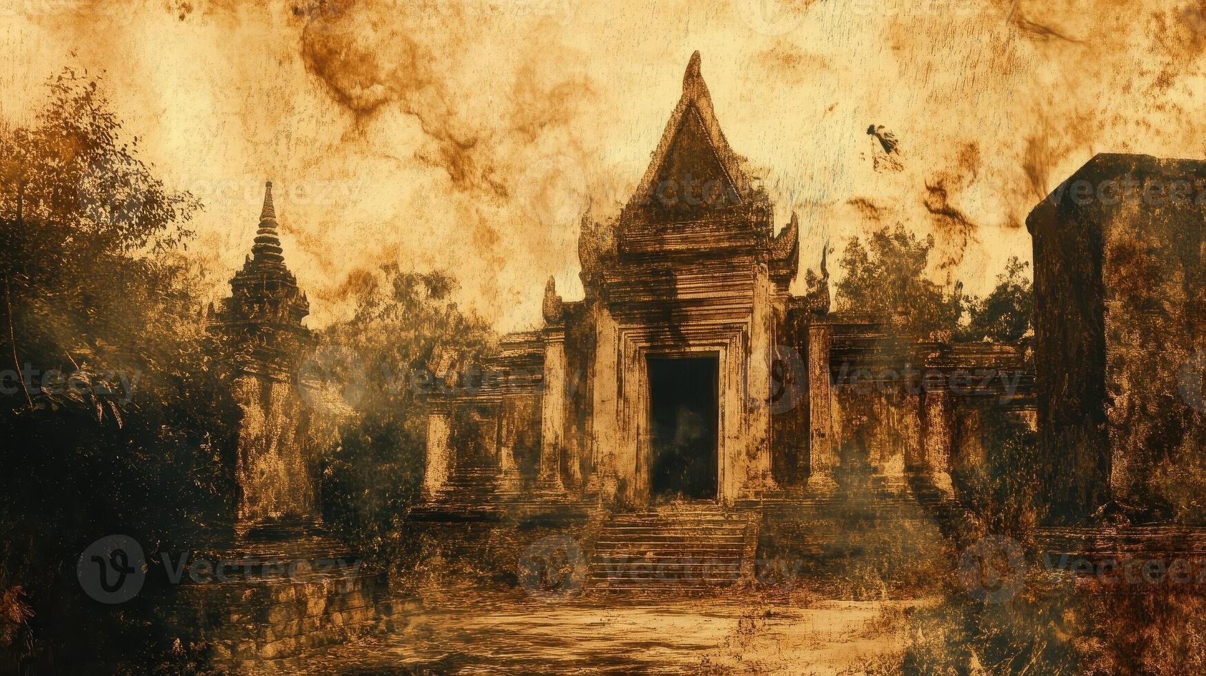Ancient temple complex in cambodia shows aged and weathered details photo