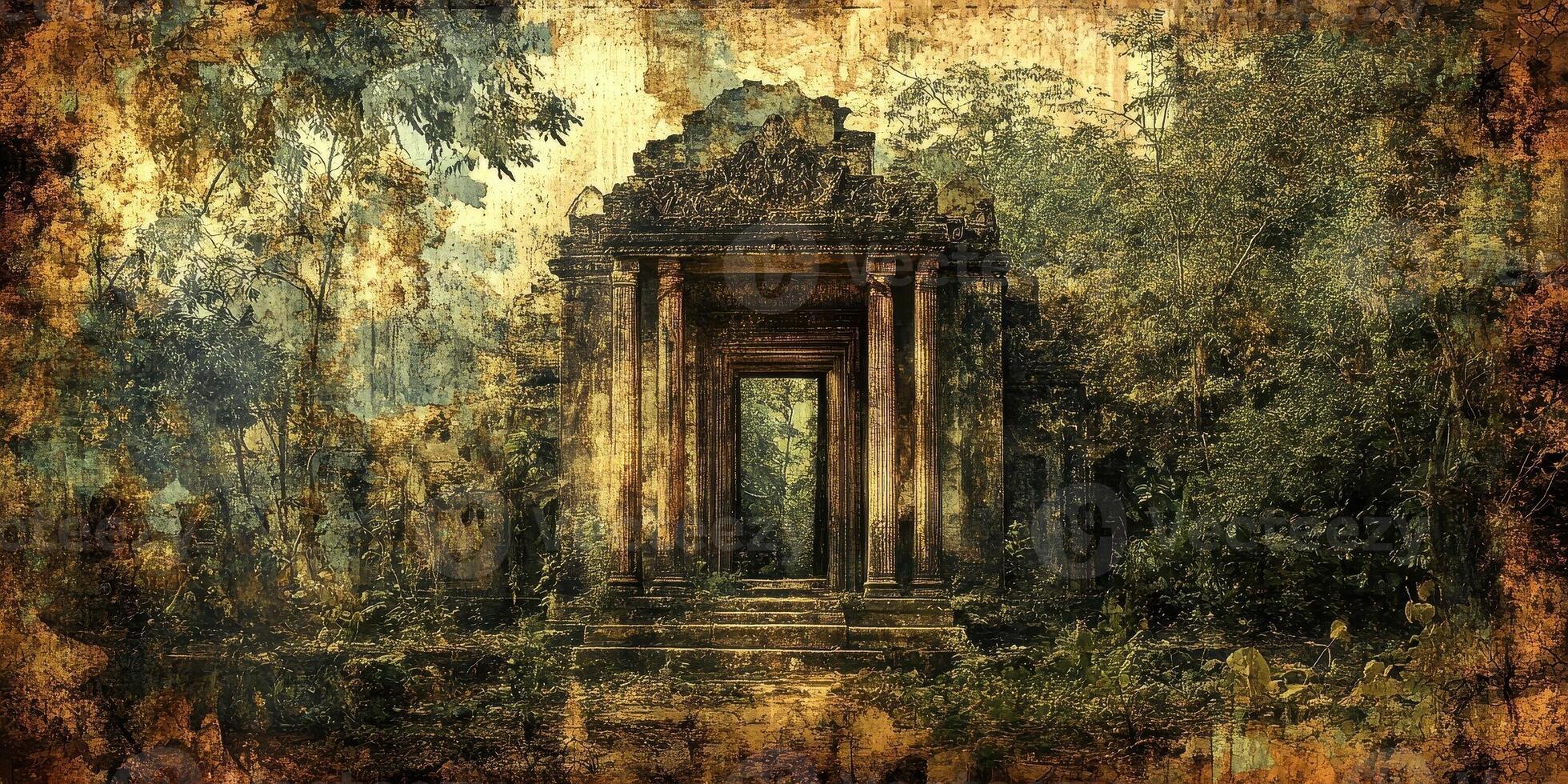 Ancient temple ruins stand surrounded by lush vegetation photo