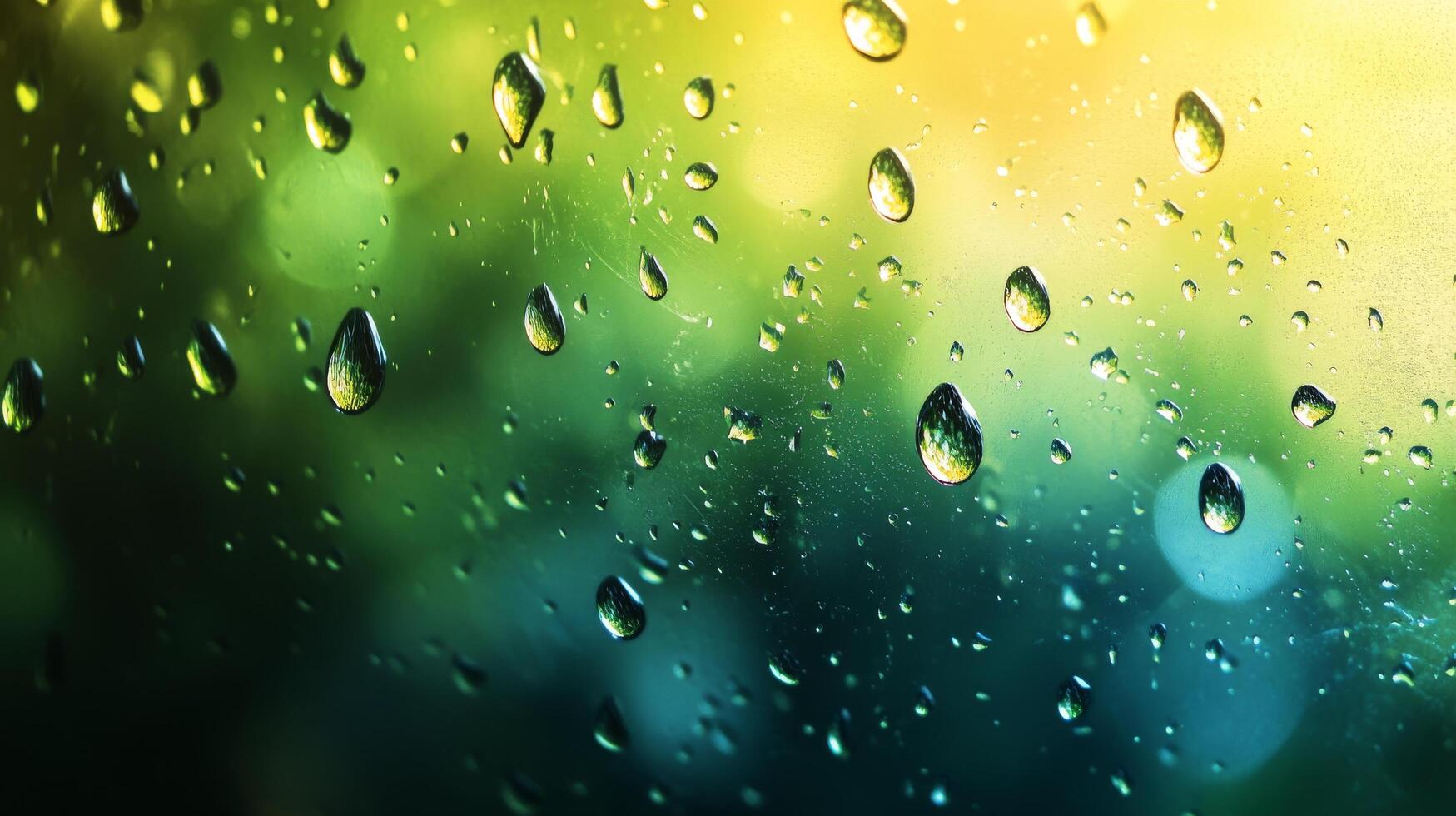Raindrops on a window with a green background photo