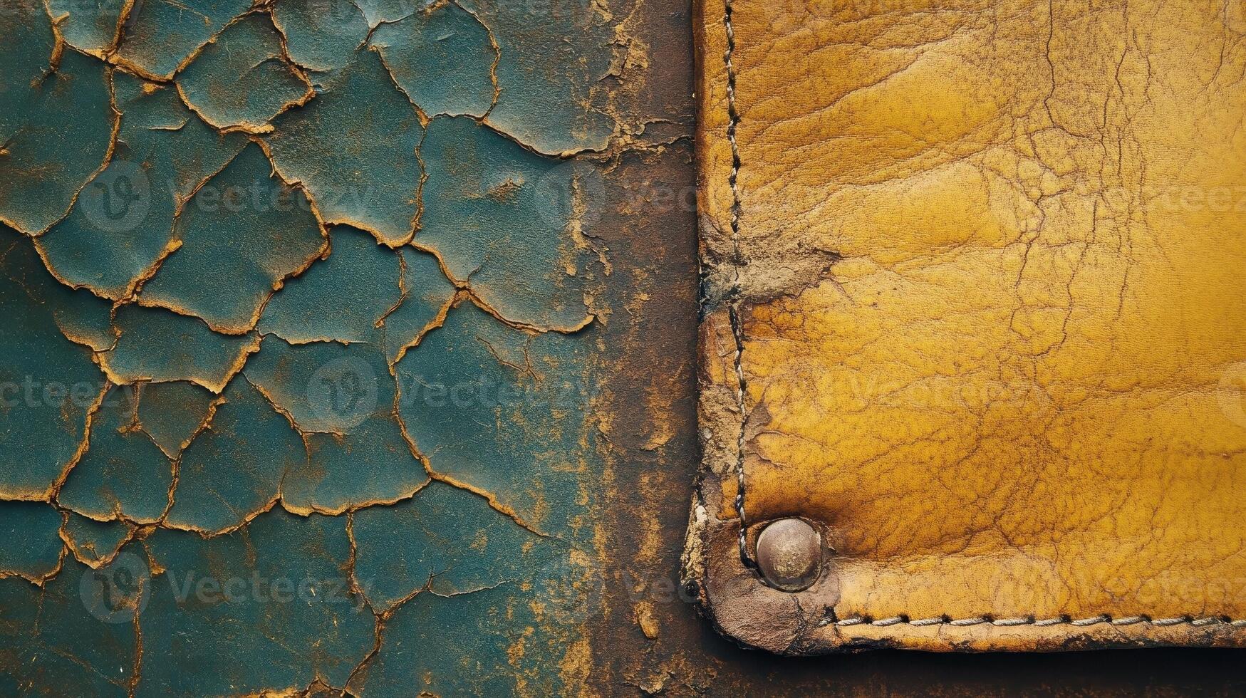 Close up shows cracked blue paint and yellow leather photo