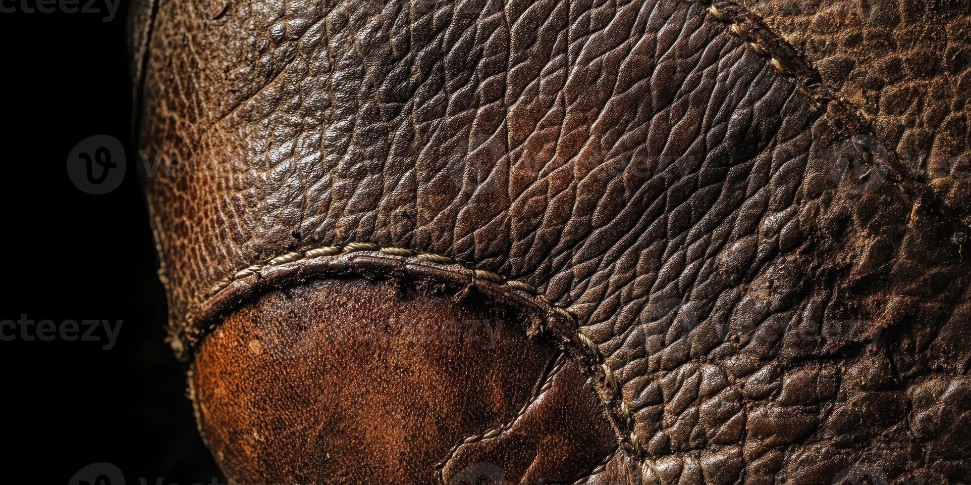 Macro view of textured brown leather showing seams and detail photo