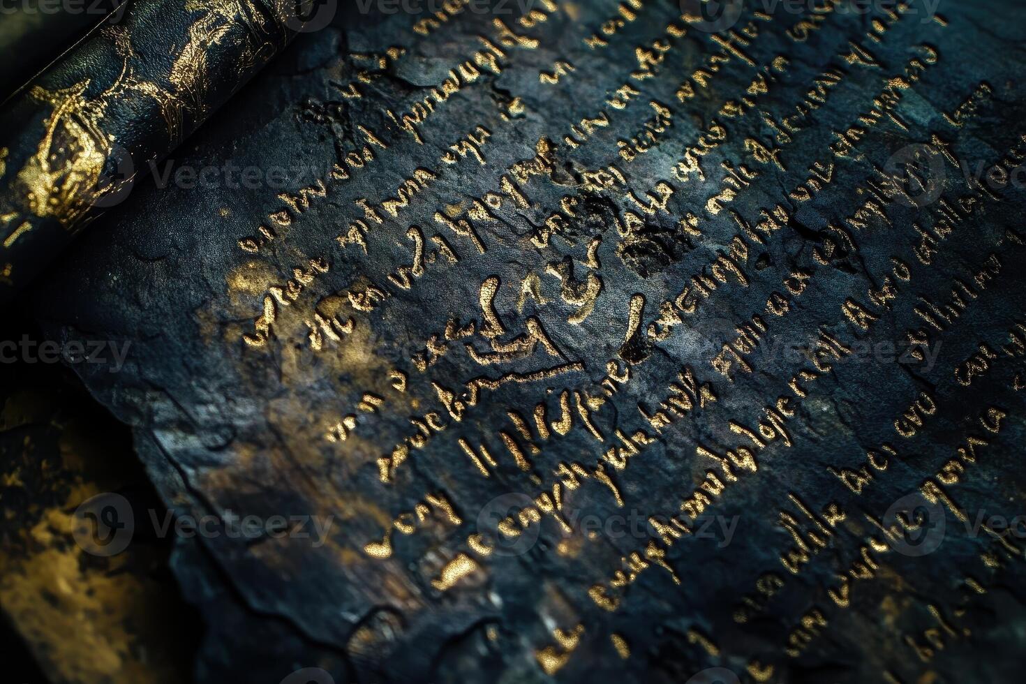 Ancient scroll with glowing gold lettering and weathered texture photo