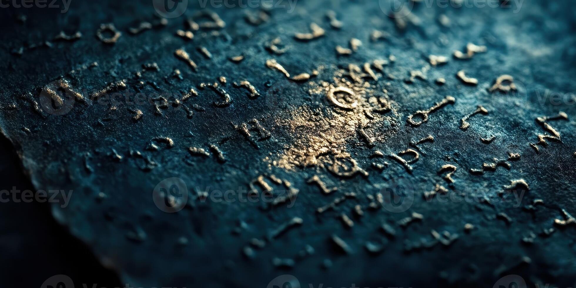 Ancient inscription on weathered stone surface with golden characters photo