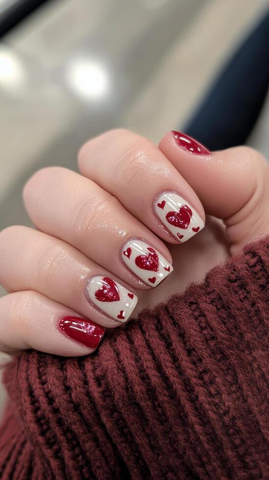 A woman's hand with red and white hearts on it photo