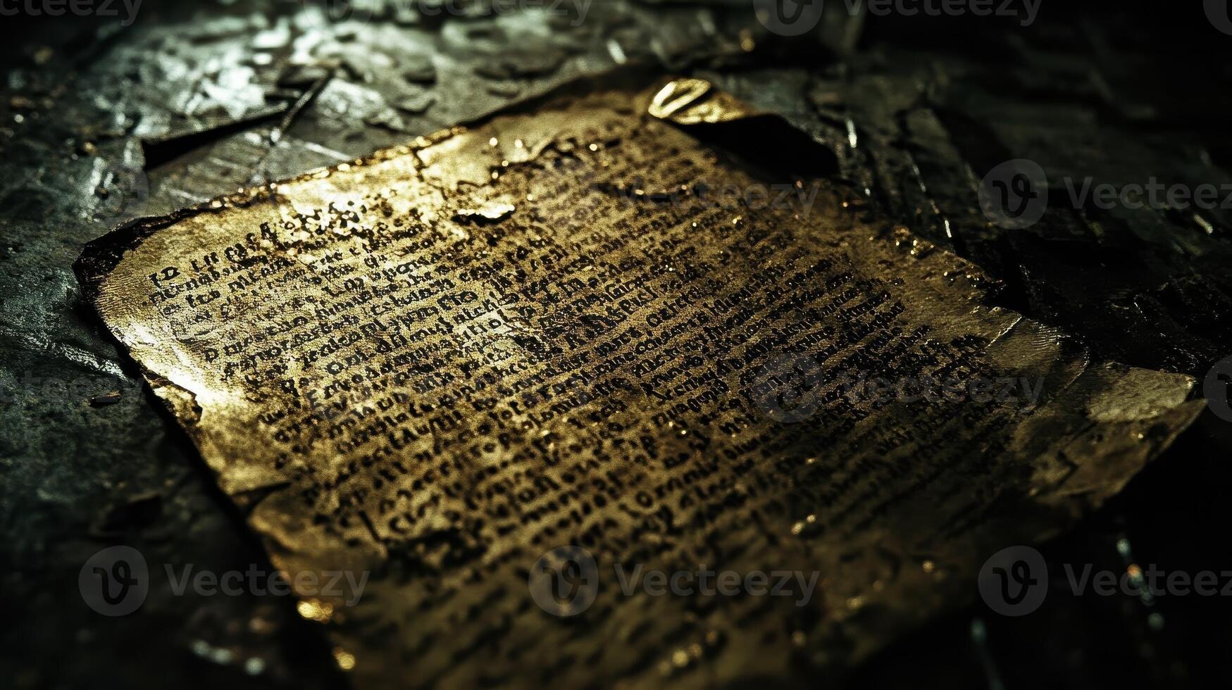 Ancient manuscript illuminated in dim lighting with decayed edges photo