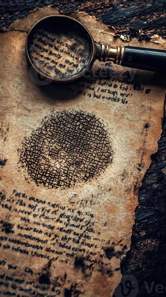 Magnifying glass over an old manuscript showing a curious pattern photo