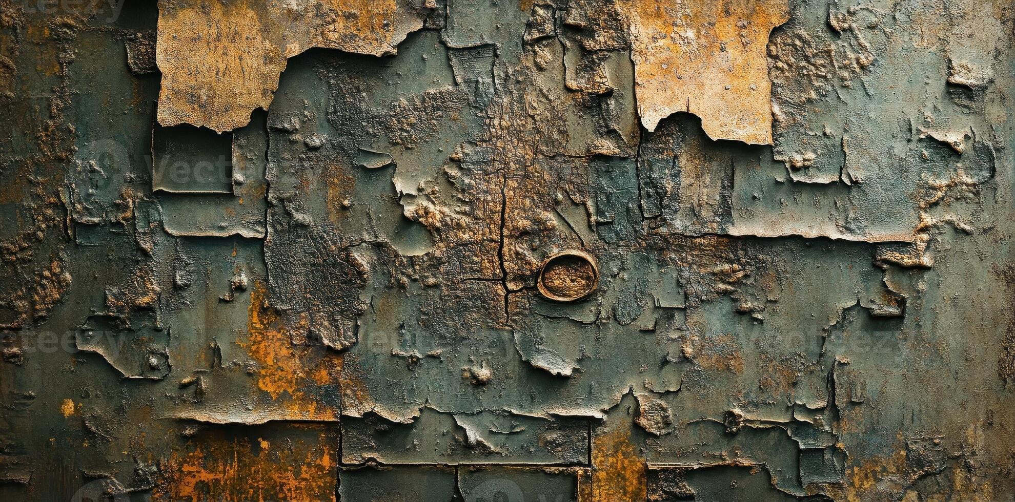 Texture of a severely weathered metal surface with peeling paint photo