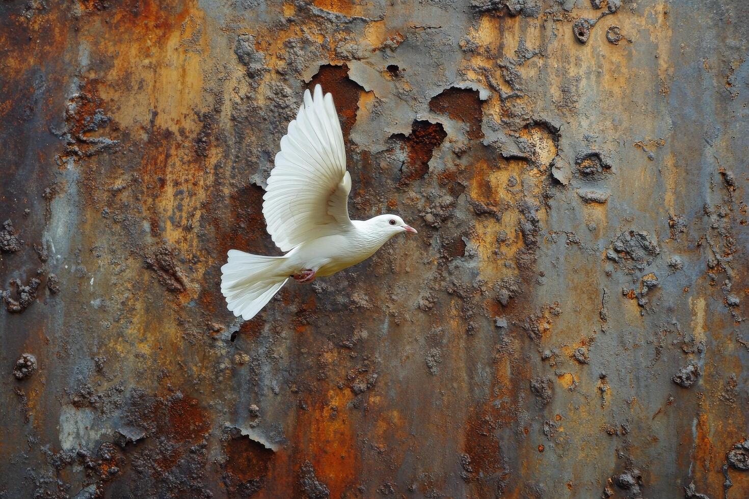 A white dove flying over a rusty wall photo