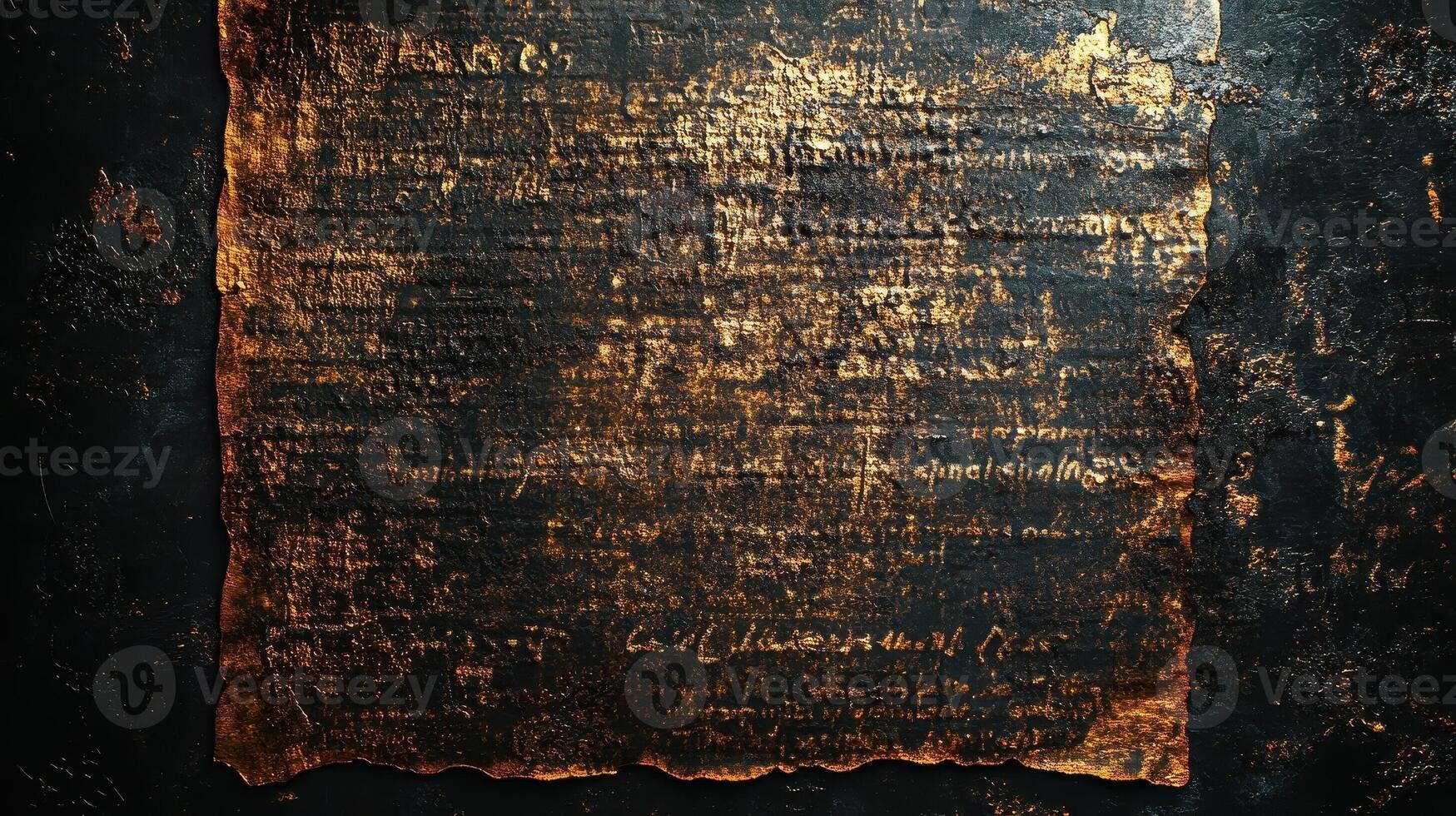 Ancient parchment with script resting against dark surface photo