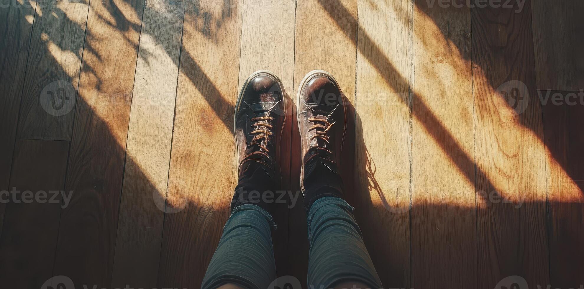Person standing on a wooden floor with sunlight shining through photo