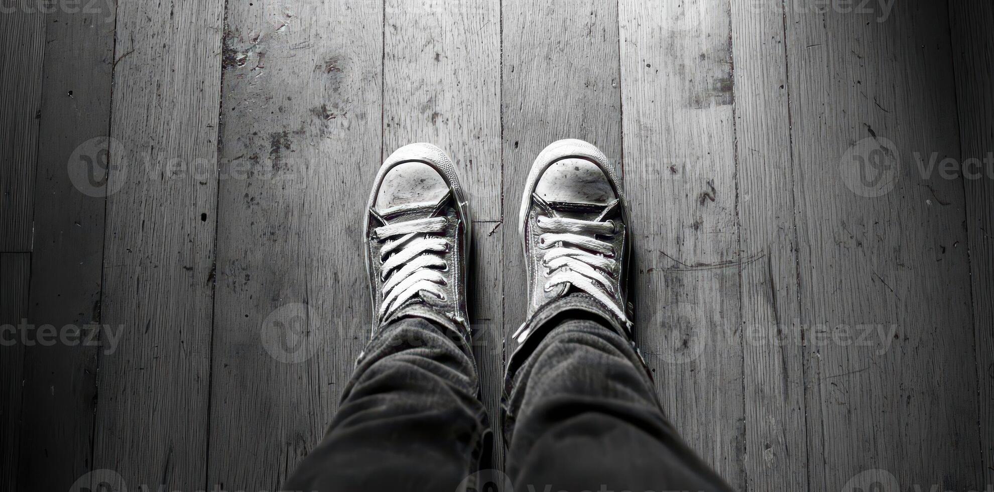 First person perspective of shoes standing on wooden floor photo