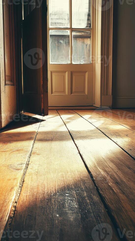 Light streams onto a hardwood floor through a partially open door photo