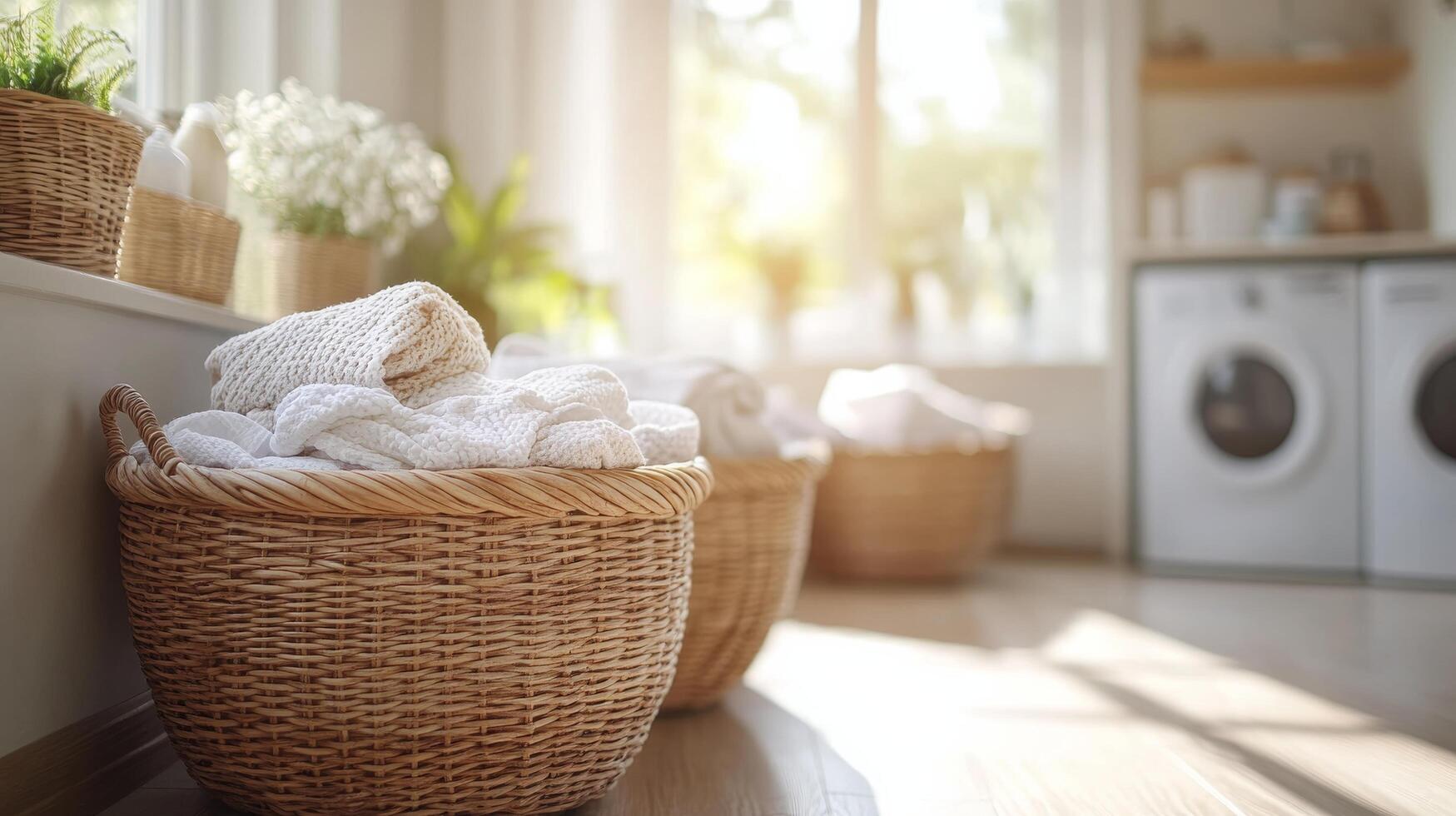 Colorful towels stored in woven baskets surrounded by plants in bright indoor space photo