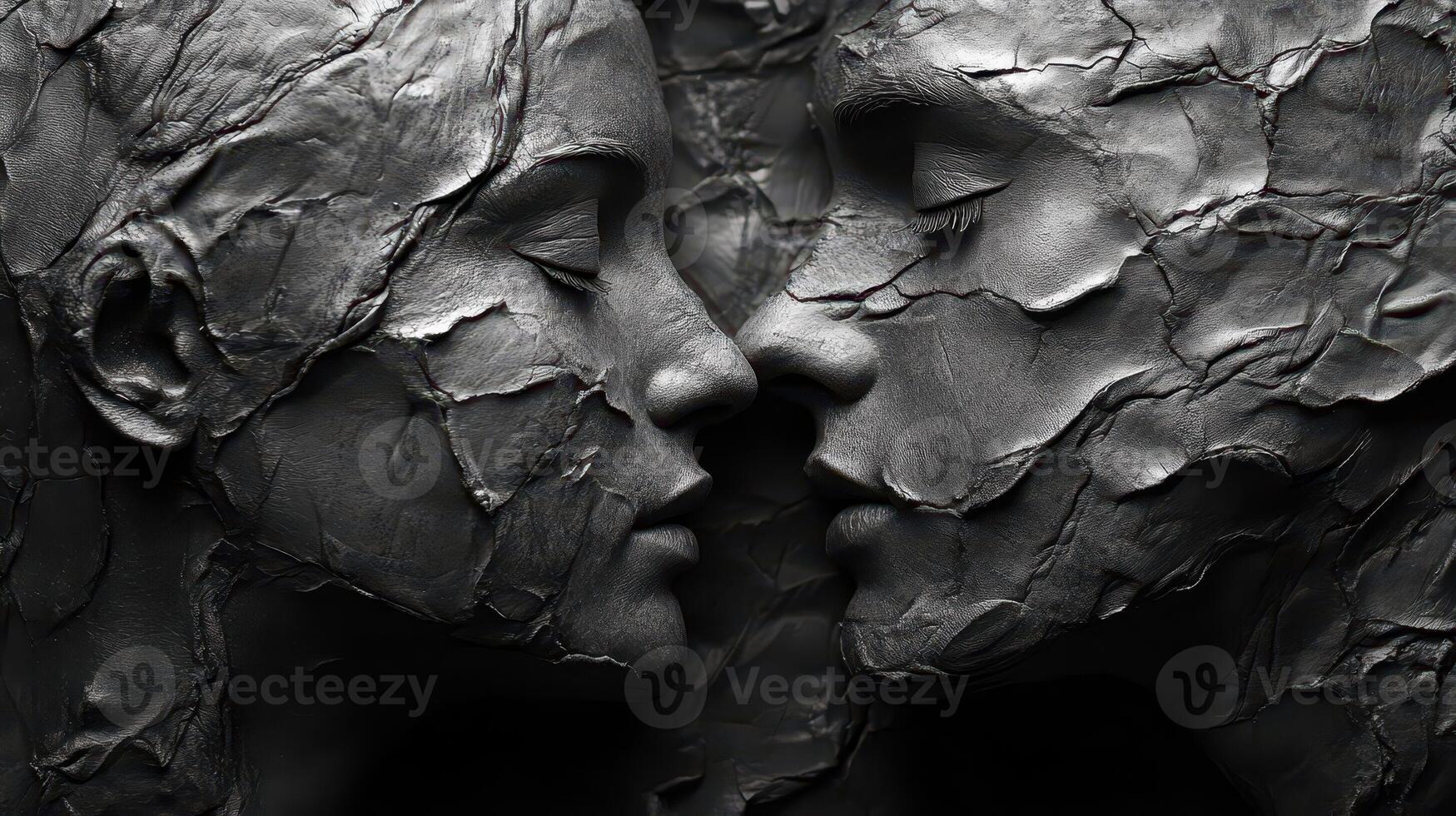 Two sculpted faces almost touching in a textured monochrome scene photo