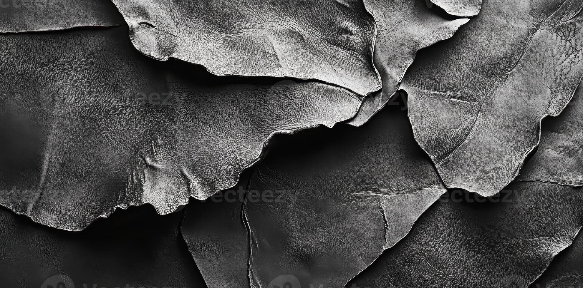 Textured and folded black leather surfaces in a monochromatic image photo