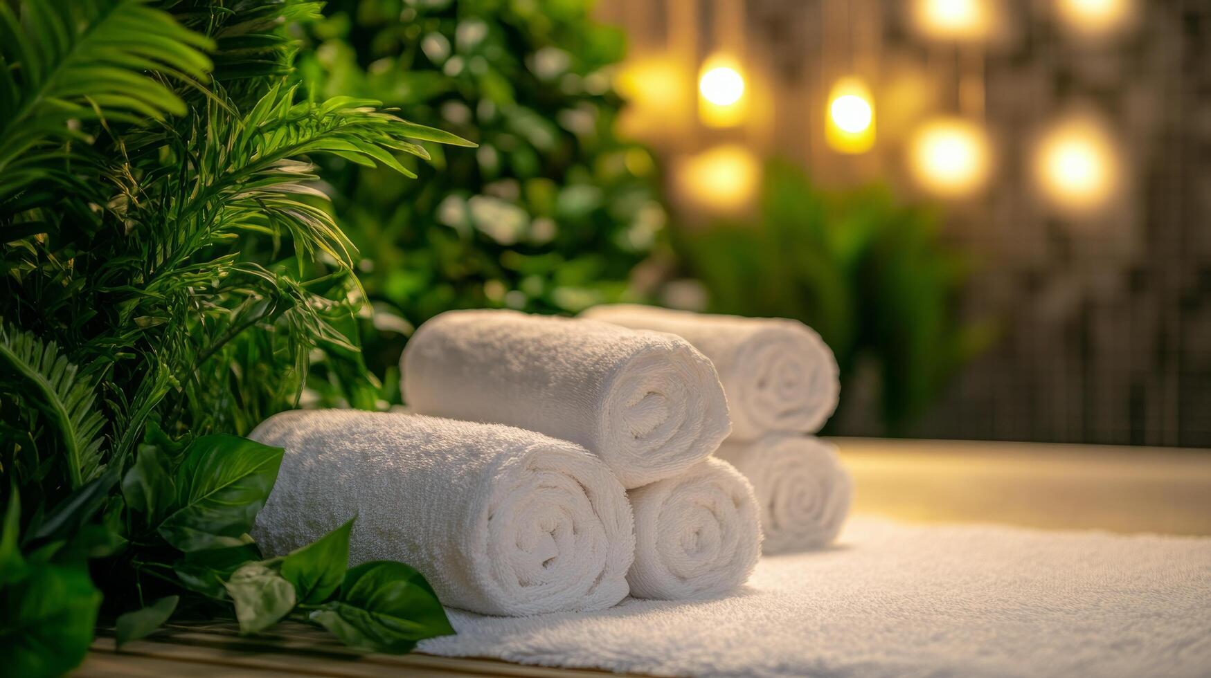 Towels in spa room with green plants photo