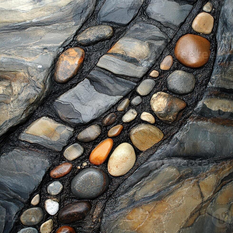 Assorted smooth rocks nestled between larger stone slates photo