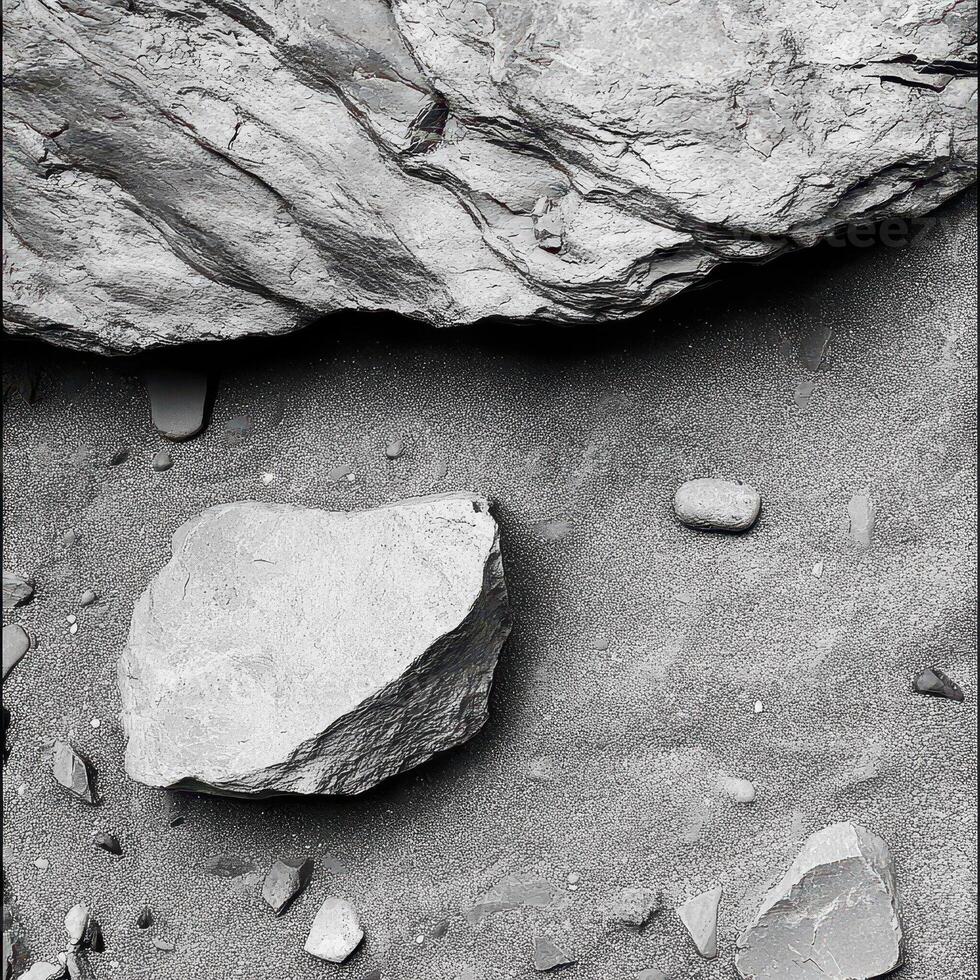 Rocks and pebbles sit on fine sand in monochrome photo