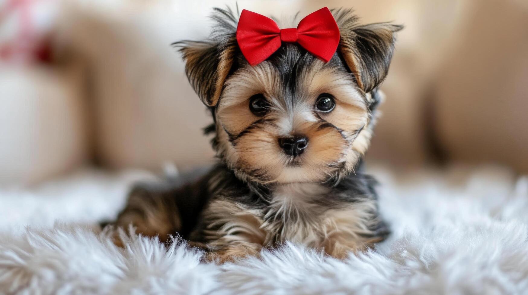 A small dog with a red bow sitting on a white rug photo