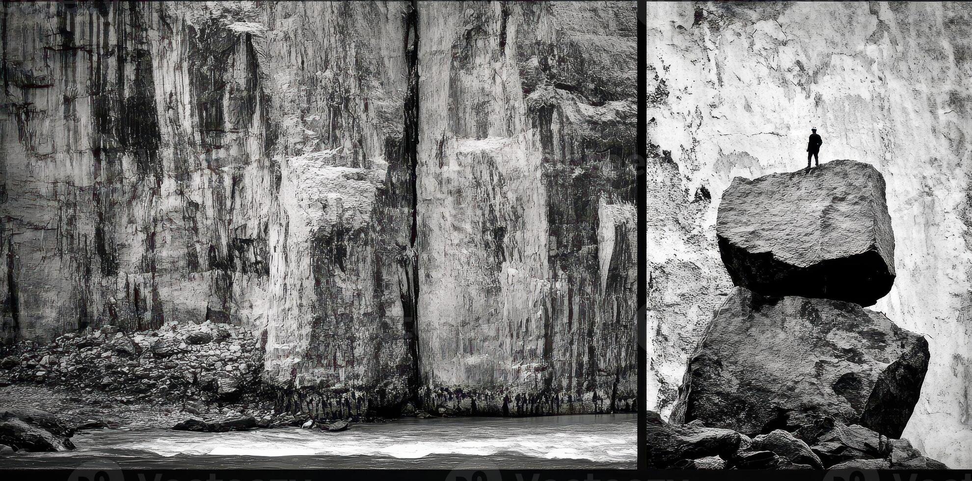 Solitary figure atop balanced rocks within a grand canyon photo