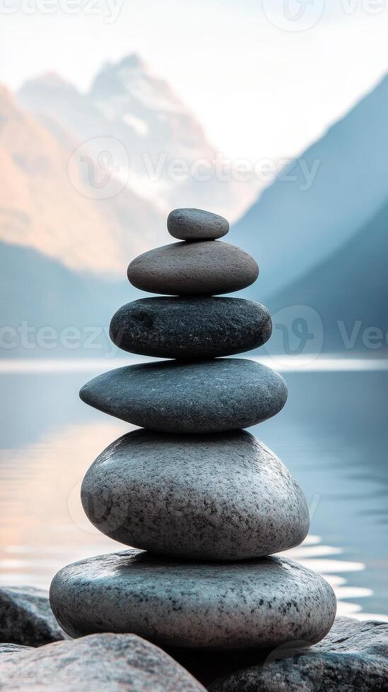 Balanced rock stack stands peacefully against a mountain backdrop photo