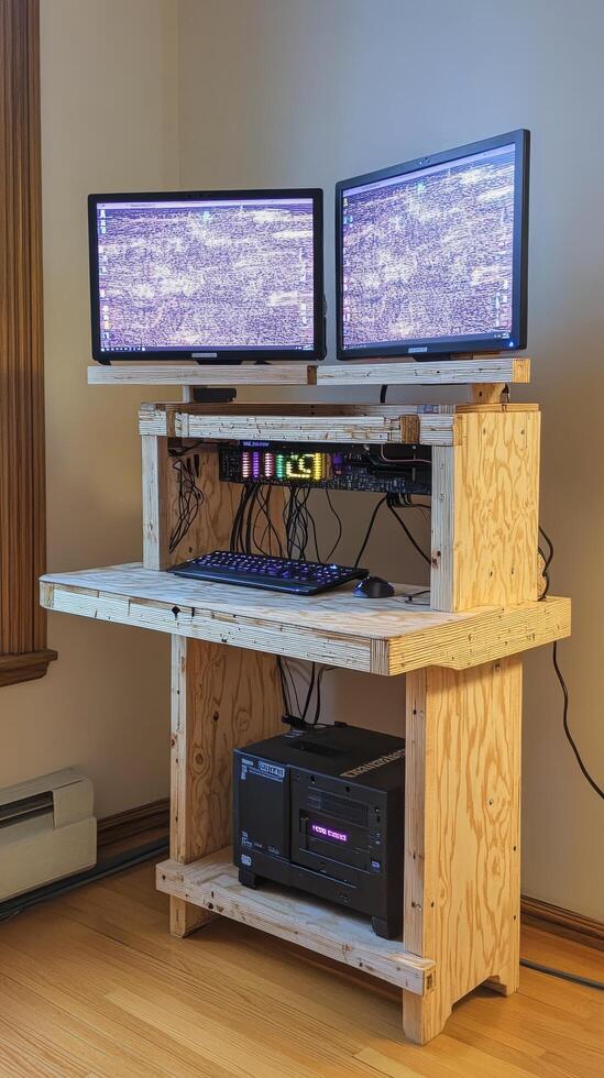 A computer desk with two monitors on top of it photo