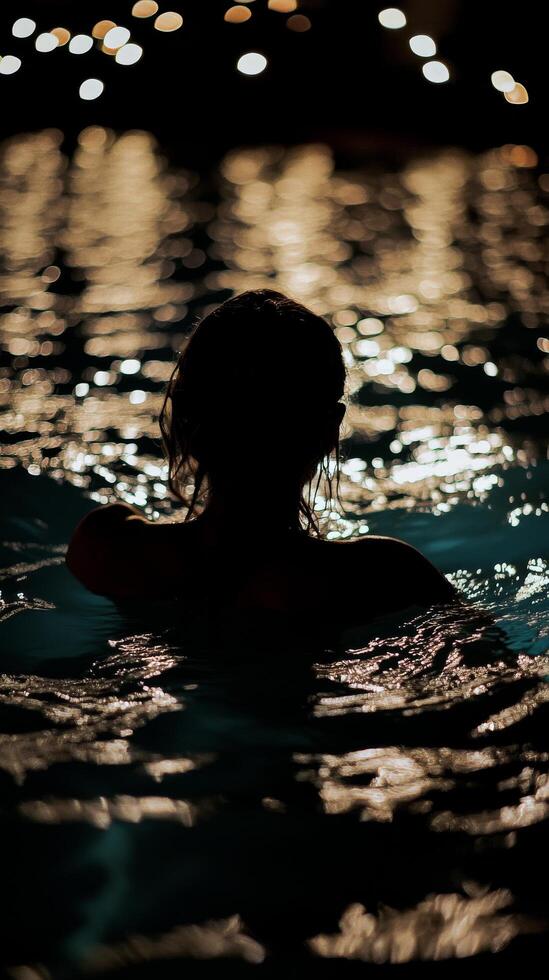 A woman in the water at night with lights in the background photo