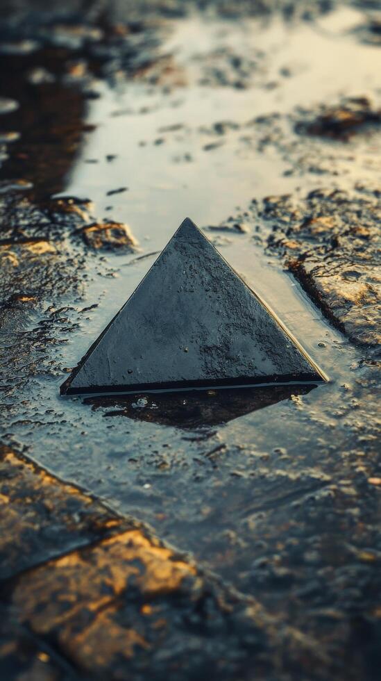 A puddle of water on the ground with a pyramid photo