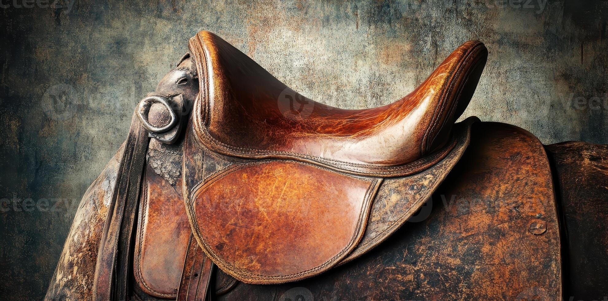 Detailed view of a weathered and worn leather horse saddle photo