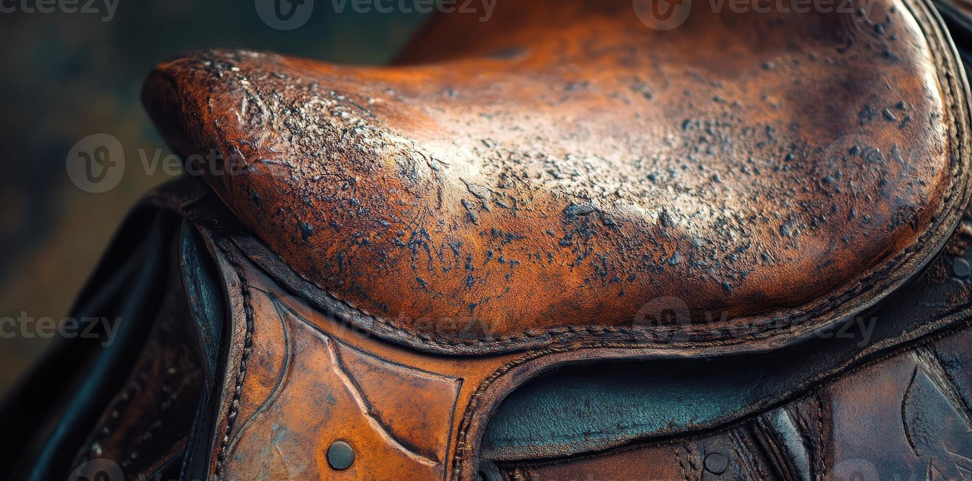 Close up of an aged brown leather horse saddle photo