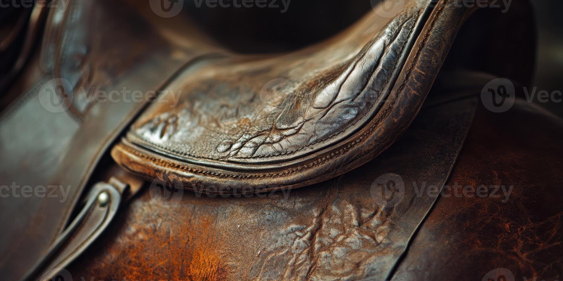 Close up shot of an aged leather horse saddle photo