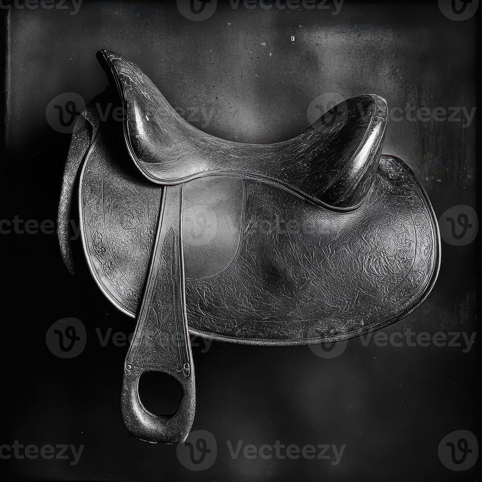 A black and white image shows a decorative horse saddle photo