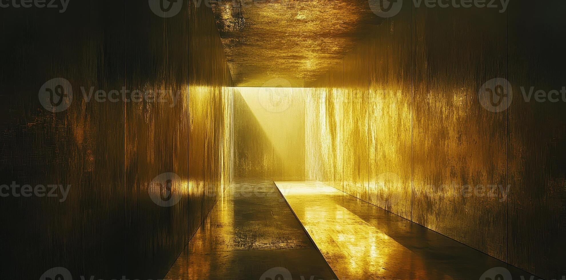 Gold colored hallway with light illuminating the tunnel end photo