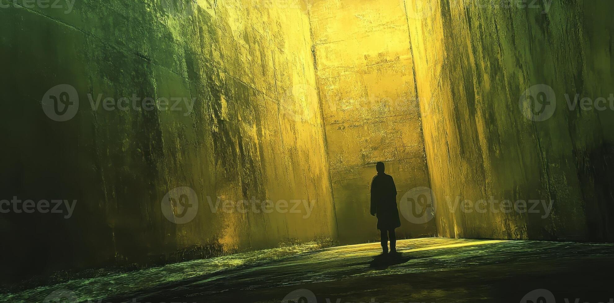 A lone figure stands in the shadow of towering walls photo