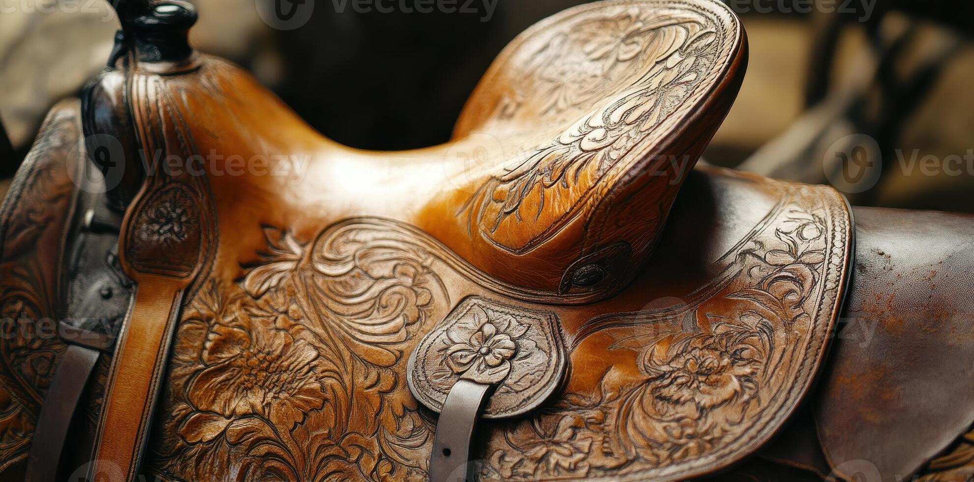 Ornate leather horse saddle with floral carvings is displayed photo