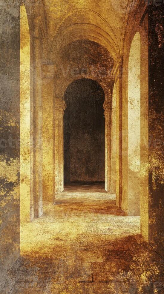 Ancient hallway features repeating arches columns and textured surfaces photo