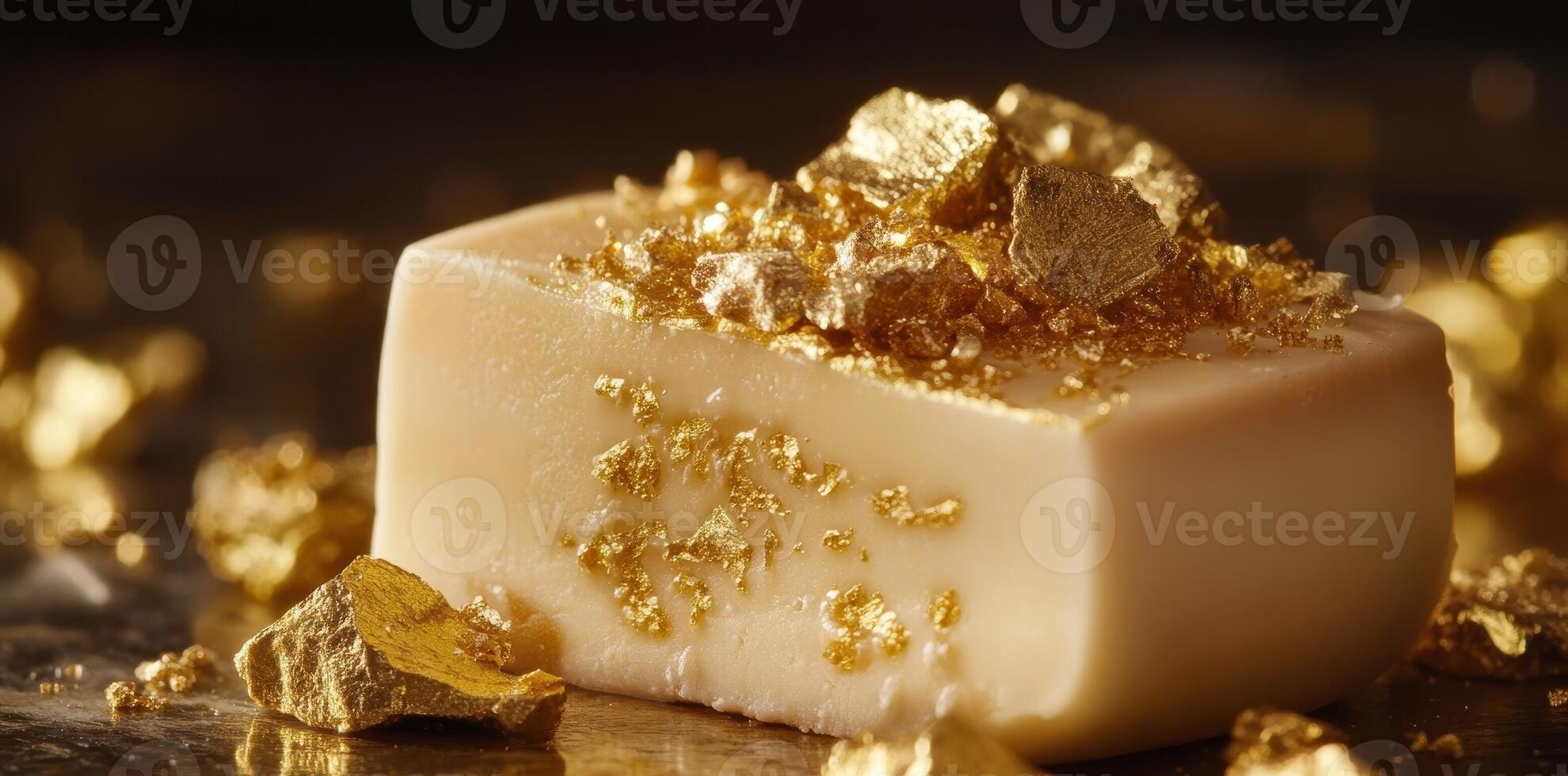 Square dessert adorned with edible gold flakes and chunks photo