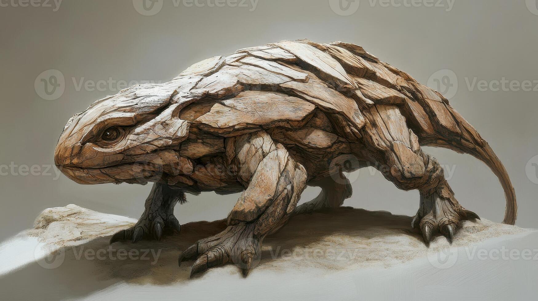 Stone lizard with textured skin standing on a sandy surface photo