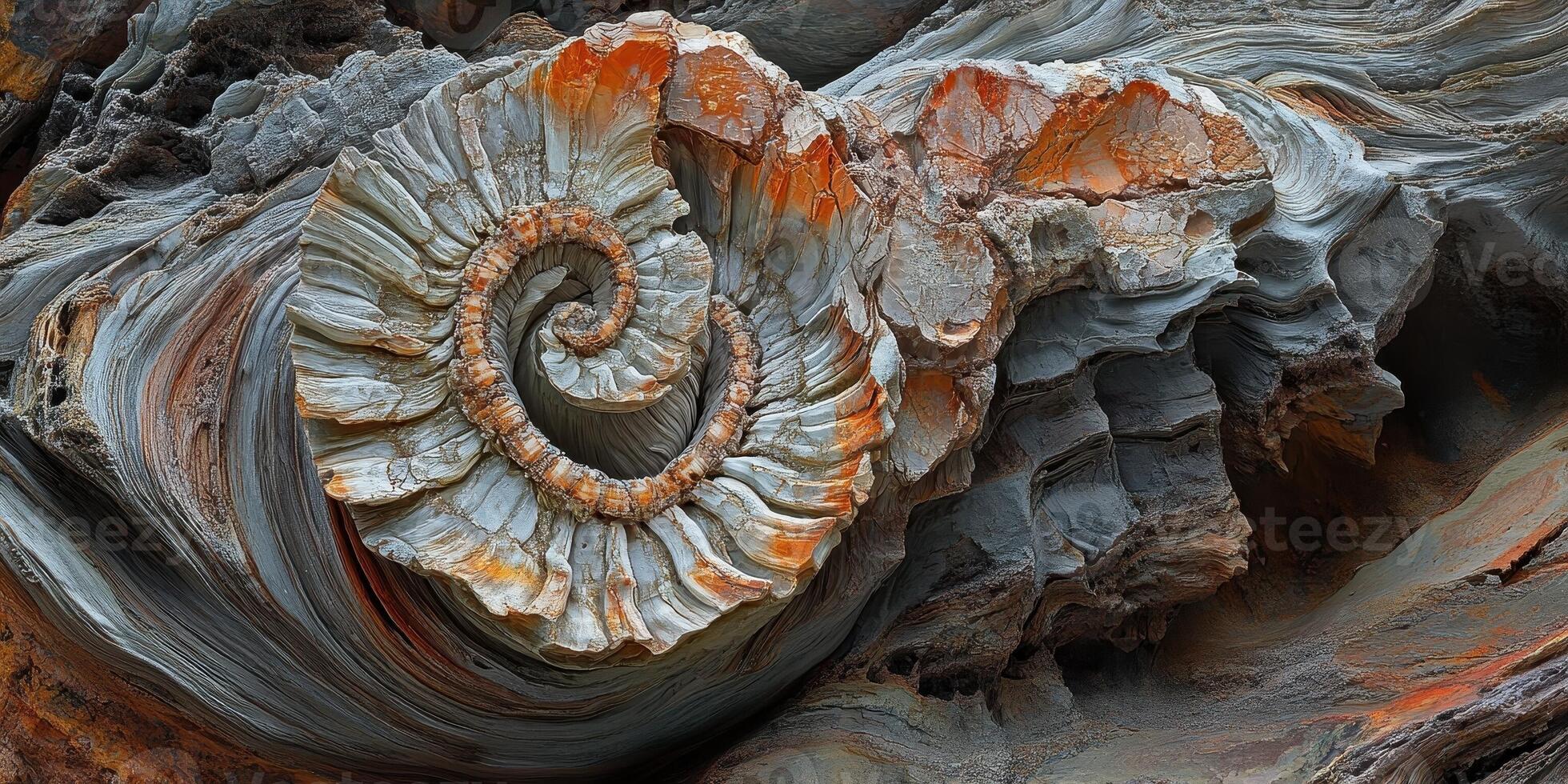 Fossilized ammonite shell embedded in colorful textured sedimentary rock photo