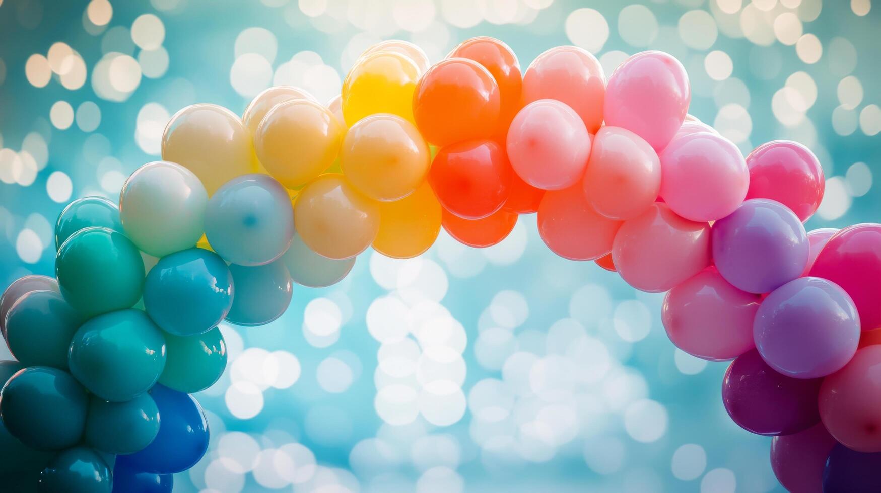 Balloons are arranged in a rainbow arch over a blue background photo