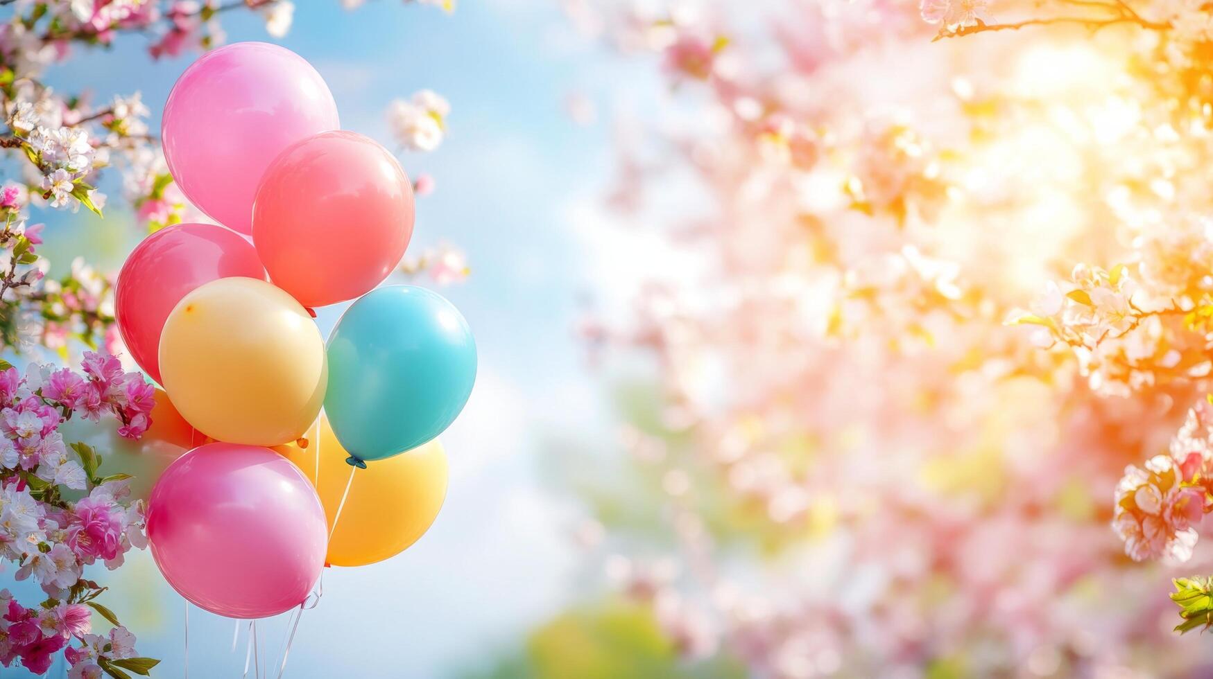 Colorful balloons are in the foreground of a tree photo