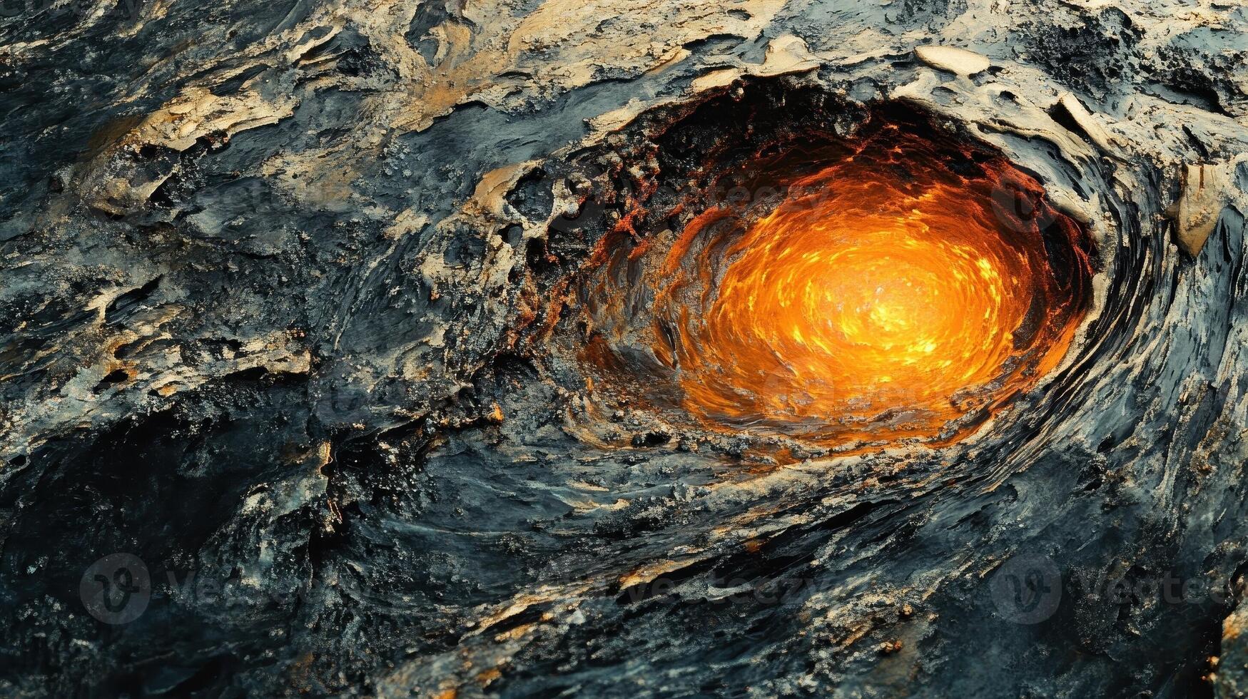 Bright lava flows from a hole in dark rock photo