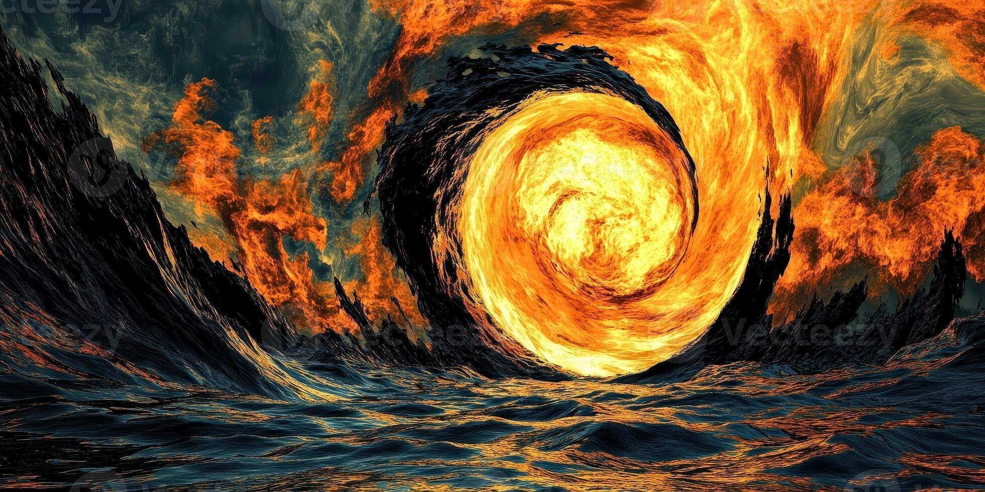 Fiery vortex above dark swirling water creates dramatic scene photo