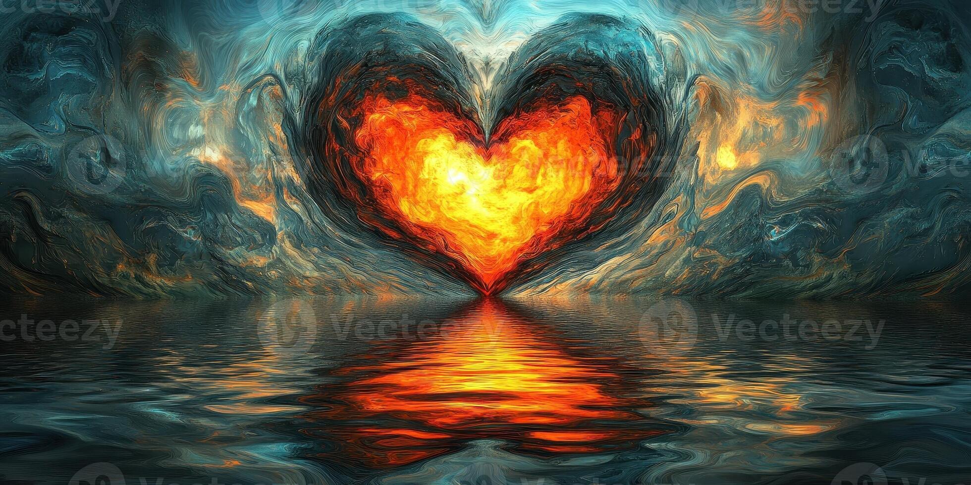 Flaming heart reflecting over rippling water with abstract backgrounds photo