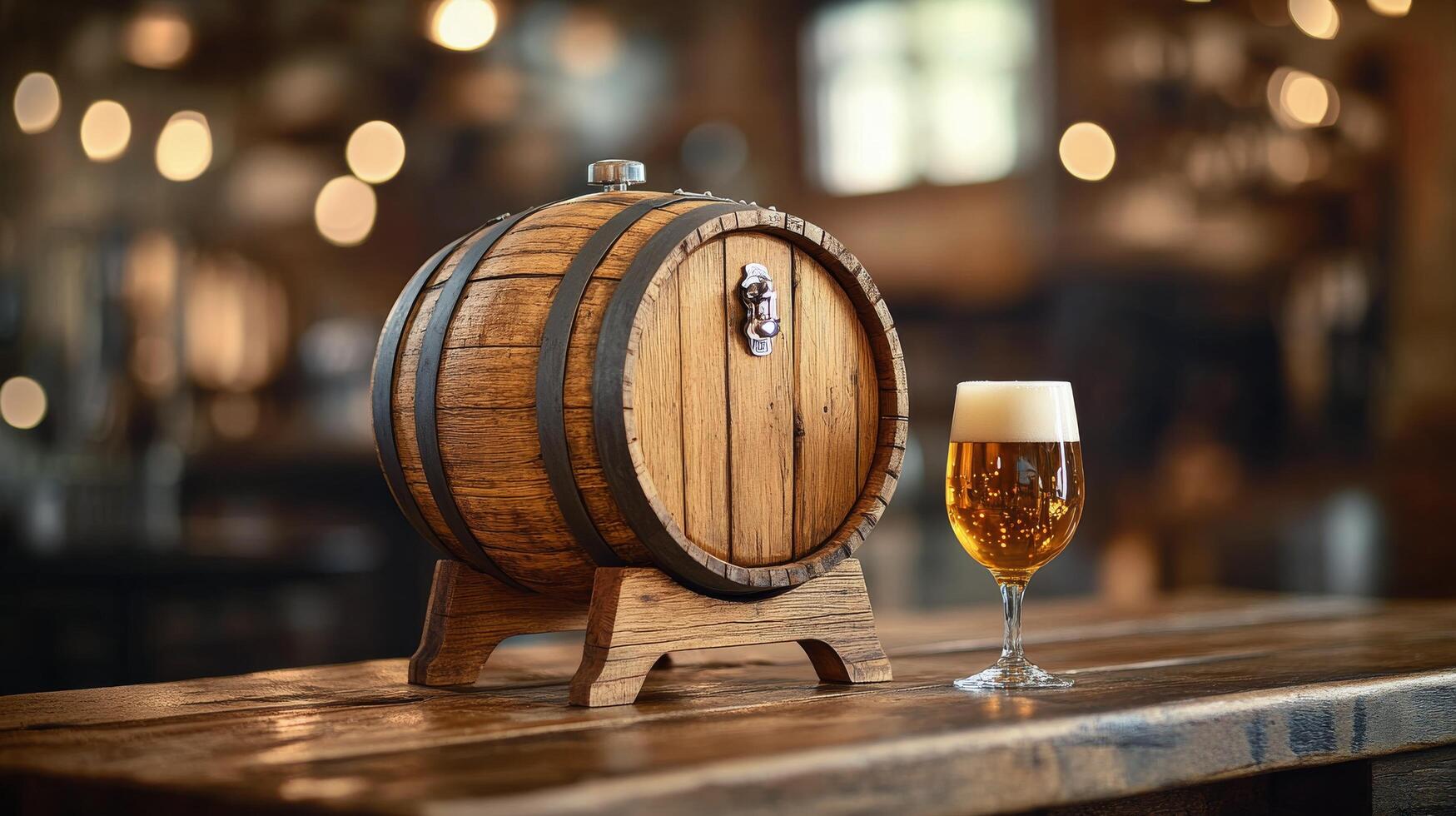 A glass of beer and a wooden barrel on a table photo
