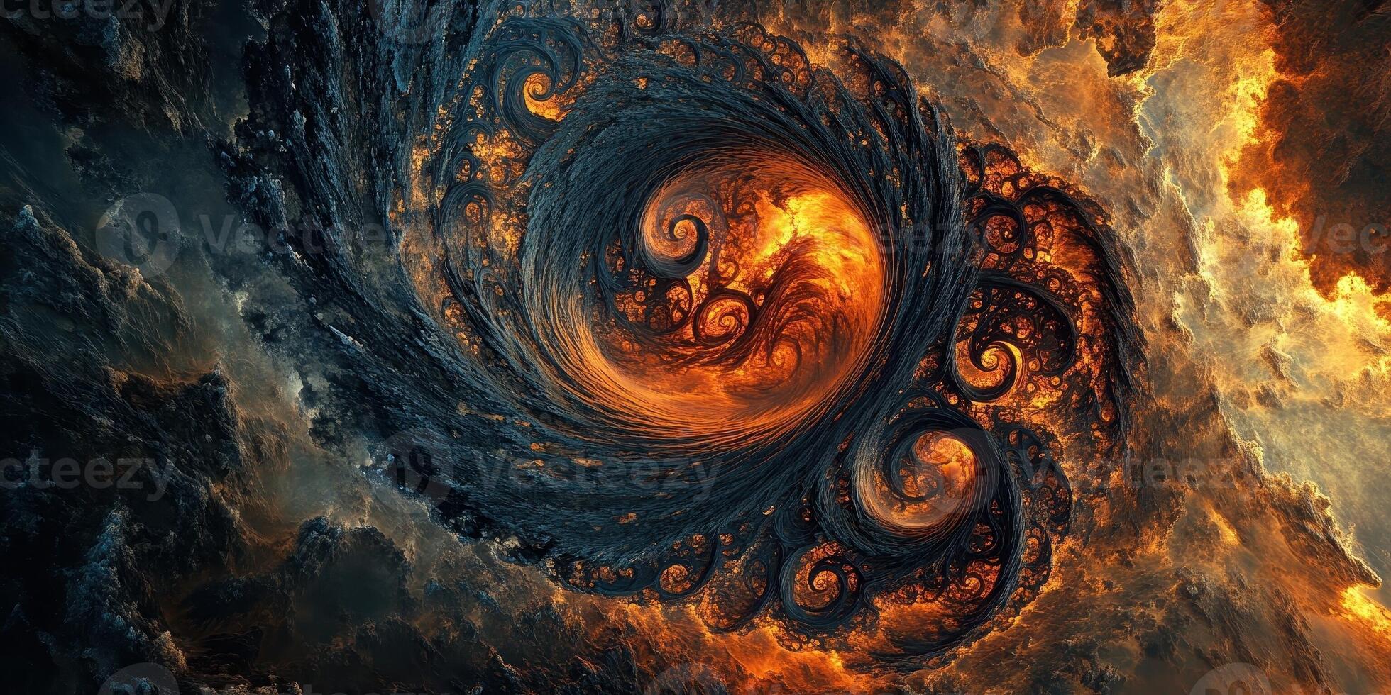 Abstract swirling vortex of dark and fiery fractal patterns photo
