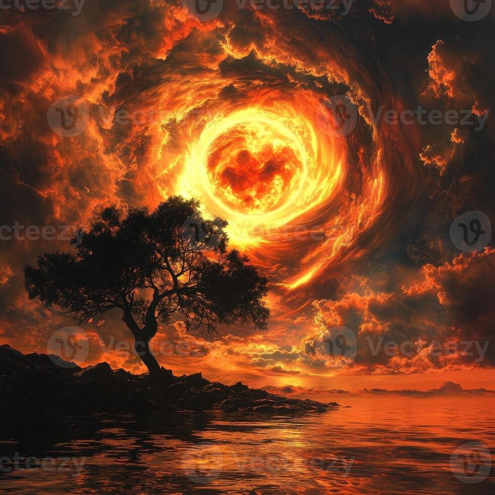A lone tree stands before a fiery vortex in the sky photo