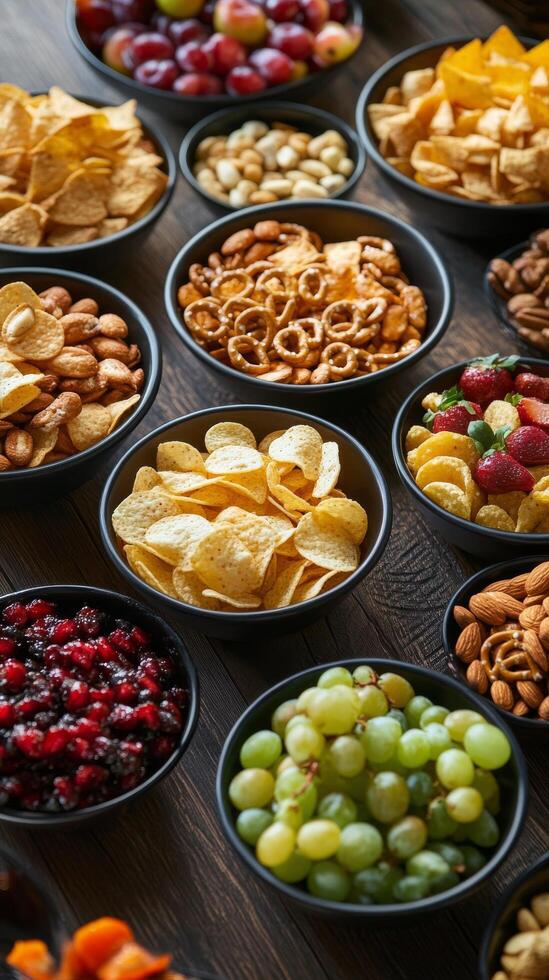A variety of snacks and chips in bowls photo