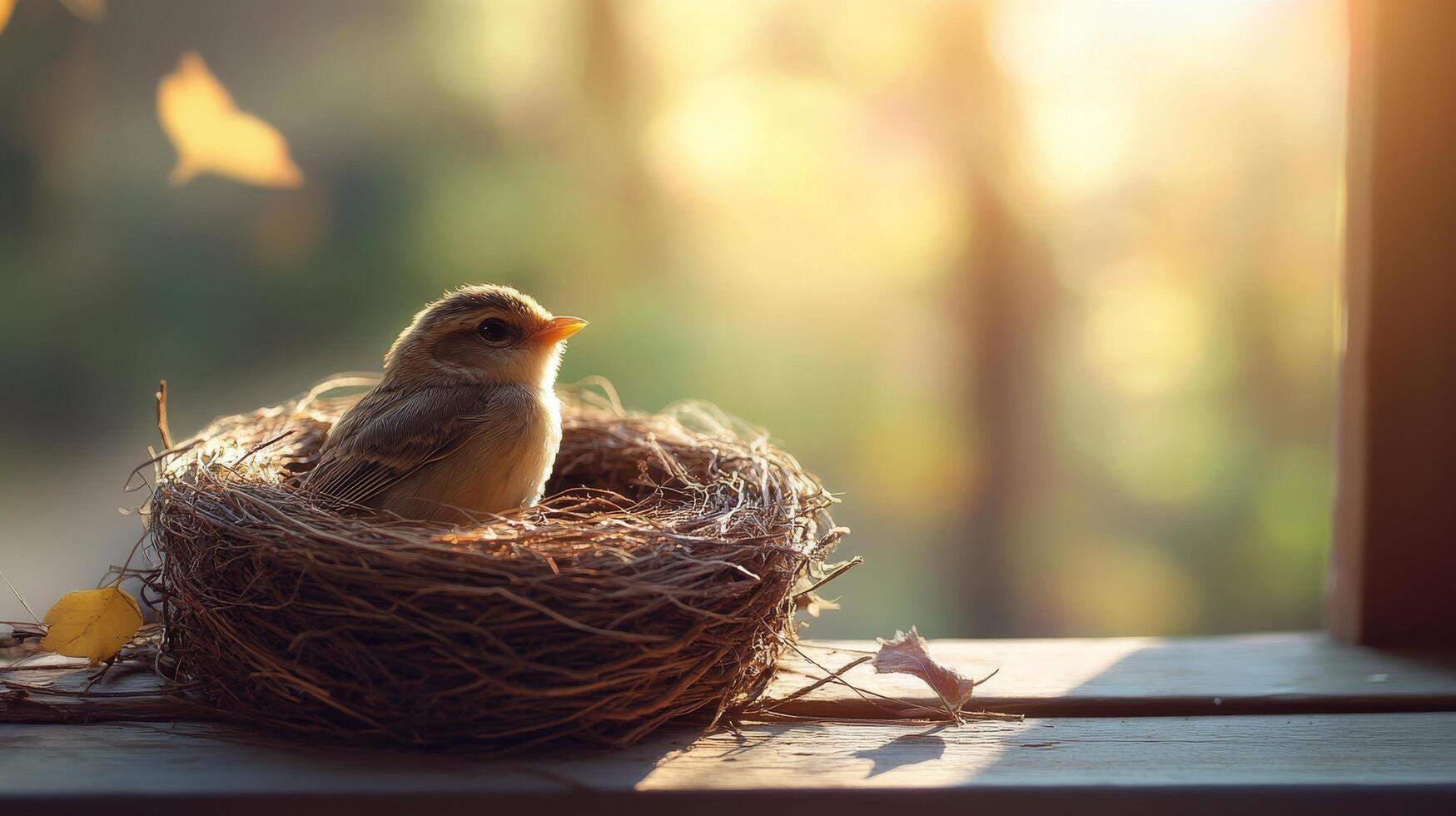 A small bird sits in a nest on a window sill photo