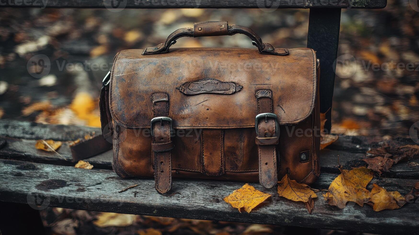 Leather messenger bag rests on wooden bench surrounded by leaves photo